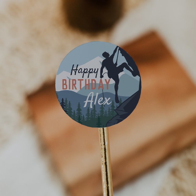Personalised Rock Climbing Theme Happy Birthday Classic Round Sticker (Creator Uploaded)