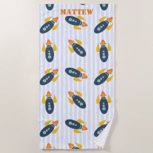 Personalised Rocket Ship Pattern Blue Orange Kids Beach Towel