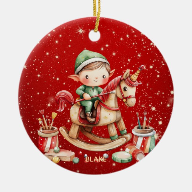 Personalised Rocking Horse Unicorn Elf Children Ceramic Tree Decoration (Front)