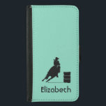 Personalised Rodeo Theme Cowgirl Barrel Racer Samsung Galaxy S5 Wallet Case<br><div class="desc">Silhouette of an athletic cowgirl barrel racing with her horse. Exciting rodeo action illustration. Background is a mint green colour. Great for rodeo fans and horse lovers. Personalise with a name.</div>