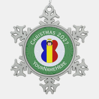 Personalised Romanian Angel Christmas Flag Snowflake Pewter Christmas Ornament