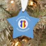 Personalised Romanian Angel Hanukkah Flag Ornament<br><div class="desc">An angel wearing the blue, yellow and red tricolor Flag of Romania on this star shaped ornament for holiday and Hanukkah decor. Designed for families of multiple religions. The Romanian Flag Hanukkah angel is found inside a white circle of squiggly squares. You can add your own text or personalise with...</div>
