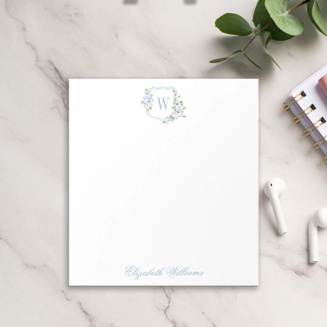 Personalised Romantic Blue Watercolor Floral Crest Notepad (Creator Uploaded)