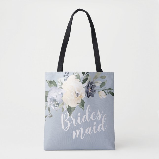 Personalised romantic dusty blue floral bridesmaid tote bag (Front)