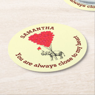 Personalised romantic elephant and red heart round paper coaster