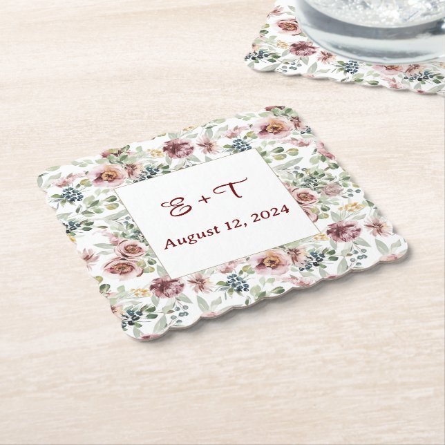 Personalised romantic floral pastel paper coasters (Angled)