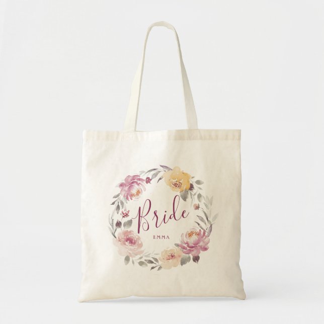 Personalised romantic garden floral bride tote bag (Front)
