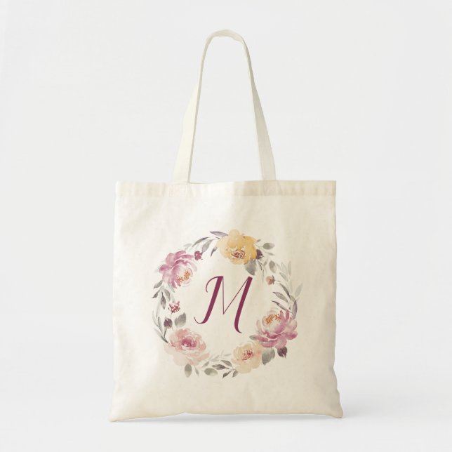 Personalised romantic garden floral monogram tote bag (Front)