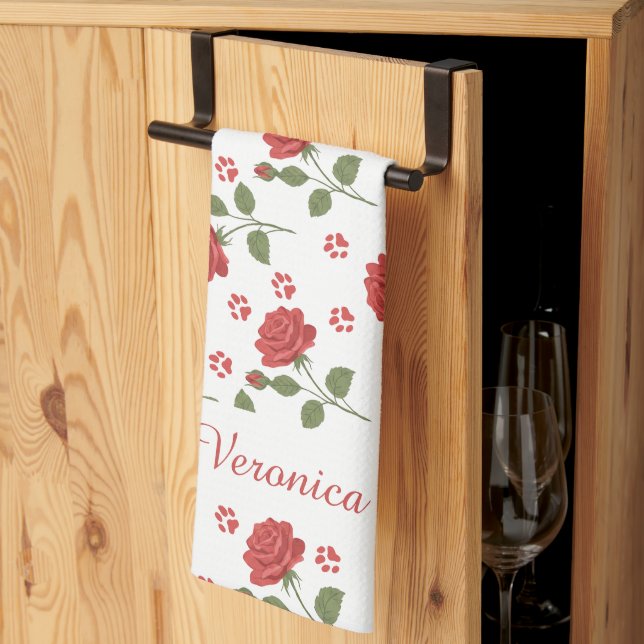 Personalised Rose and Paw Print Kitchen Towel  (Thirds Fold)