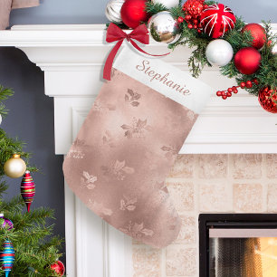 Personalised Rose Gold Christmas Holly Leaves Small Christmas Stocking