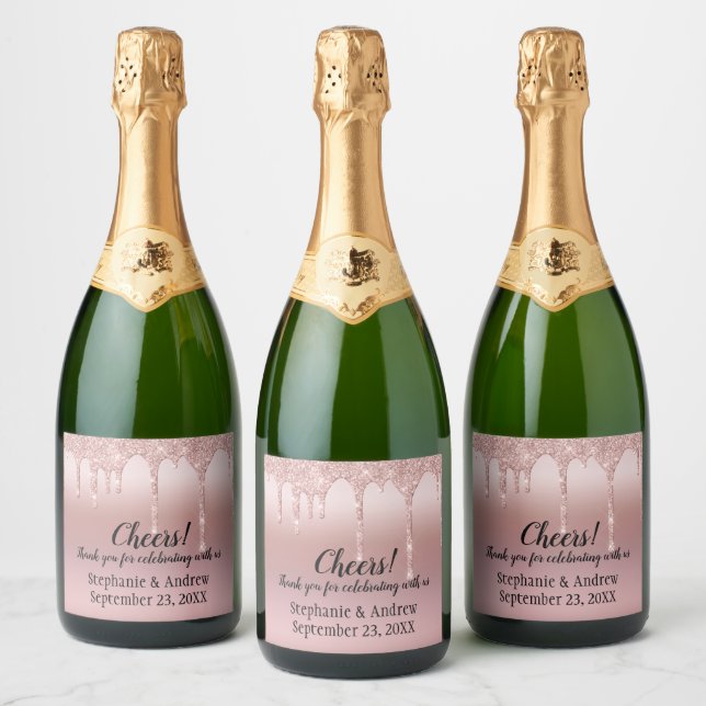 Personalised Rose Gold Dripping Glitter  Sparkling Wine Label (Bottles)