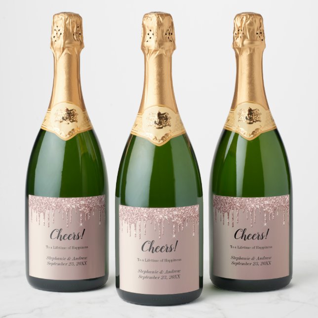 Personalised Rose Gold Dripping Glitter Wedding  Sparkling Wine Label (Bottles)