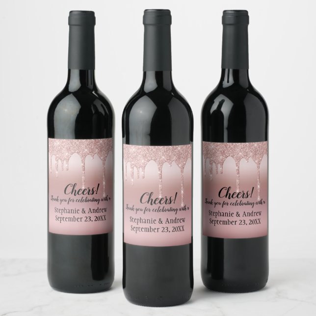 Personalised Rose Gold Dripping Glitter Wedding Wine Label (Bottles)