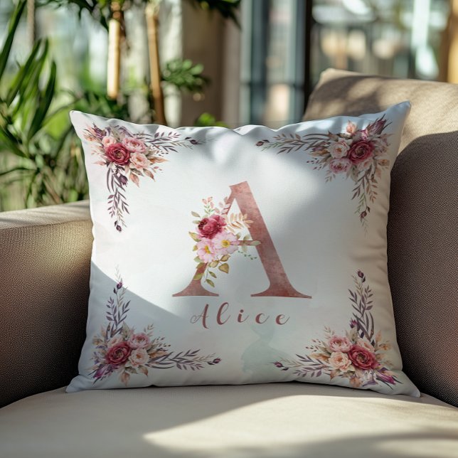 Personalised Rose Gold Floral Letter A Monogram  Cushion (Creator Uploaded)