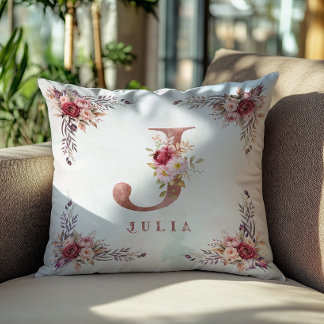 Personalised Rose Gold Floral Letter J Monogram Cushion