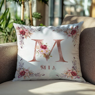 Personalised Rose Gold Floral Letter M Monogram Cushion