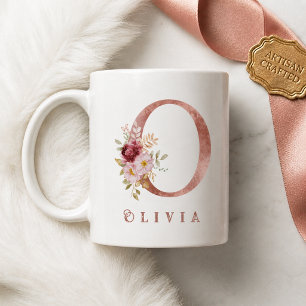 Personalised Rose Gold Floral Letter O Monogram Coffee Mug