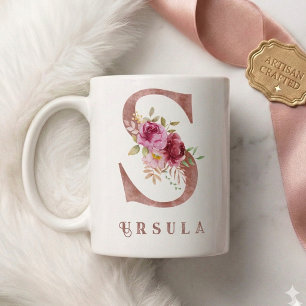 Personalised Rose Gold Floral Letter S Monogram Coffee Mug