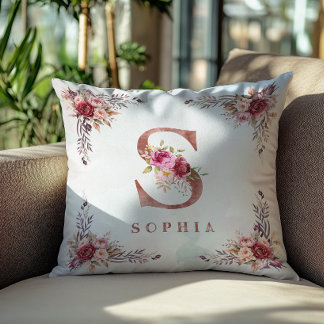 Personalised Rose Gold Floral Letter S Monogram Cushion