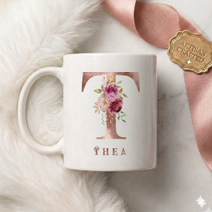 Personalised Rose Gold Floral Letter T Monogram Coffee Mug