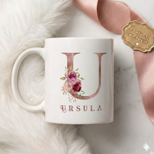 Personalised Rose Gold Floral Letter U Monogram Coffee Mug