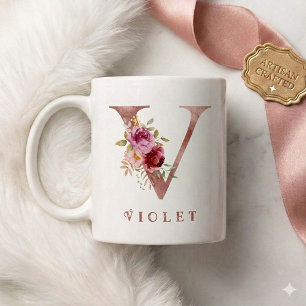 Personalised Rose Gold Floral Letter V Monogram Coffee Mug
