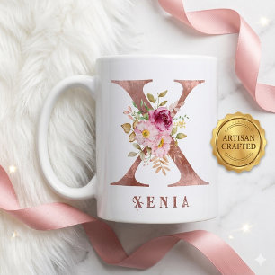 Personalised Rose Gold Floral Letter X Monogram Coffee Mug