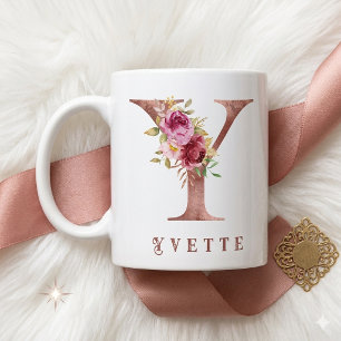 Personalised Rose Gold Floral Letter Y Monogram Coffee Mug