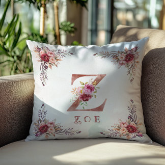 Personalised Rose Gold Floral Letter Z Monogram Cushion