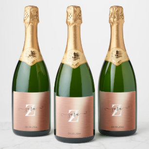 Personalised Rose Gold Foil Monogram Script Bottle Sparkling Wine Label
