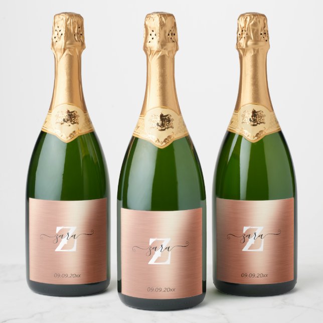 Personalised Rose Gold Foil Monogram Script Bottle Sparkling Wine Label (Bottles)
