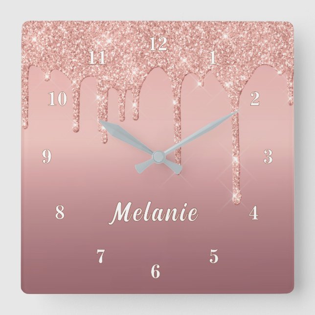 Personalised Rose Gold Glitter Clock Custom Name (Front)