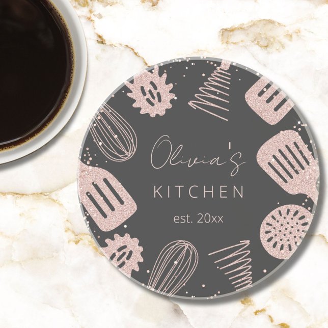 Personalised Rose Gold Glitter Cooking Tools Coaster (In situ)