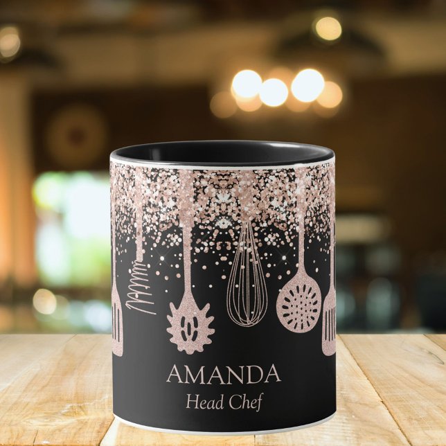 Personalised Rose Gold Glitter Cooking Tools Mug (In situ)