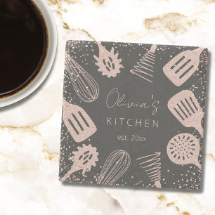 Personalised Rose Gold Glitter Cooking Tools Stone Coaster