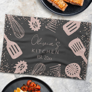Personalised Rose Gold Glitter Cooking Tools Tea Towel