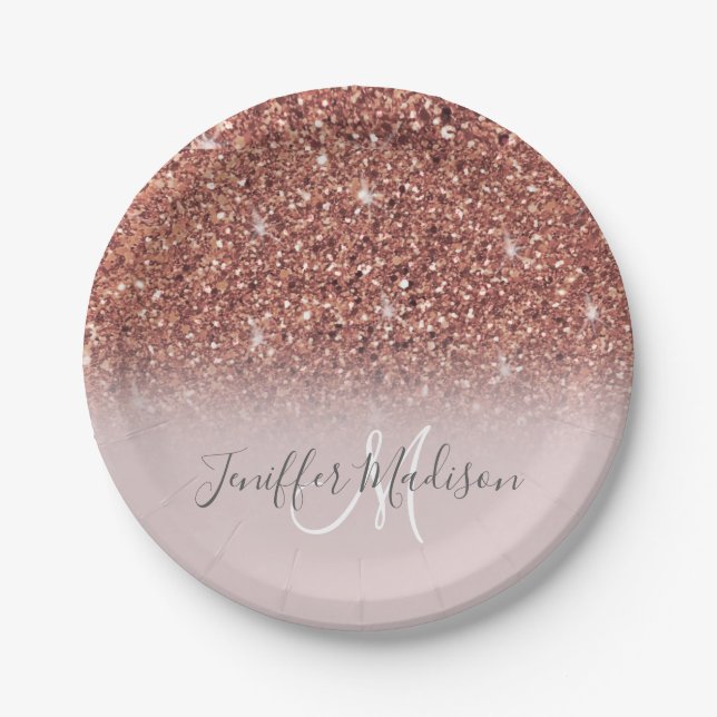 Personalised Rose Gold Glitter Drips Girly Luxury  Paper Plate (Front)