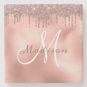 Personalised Rose Gold Glitter Monogram Custom Stone Coaster
