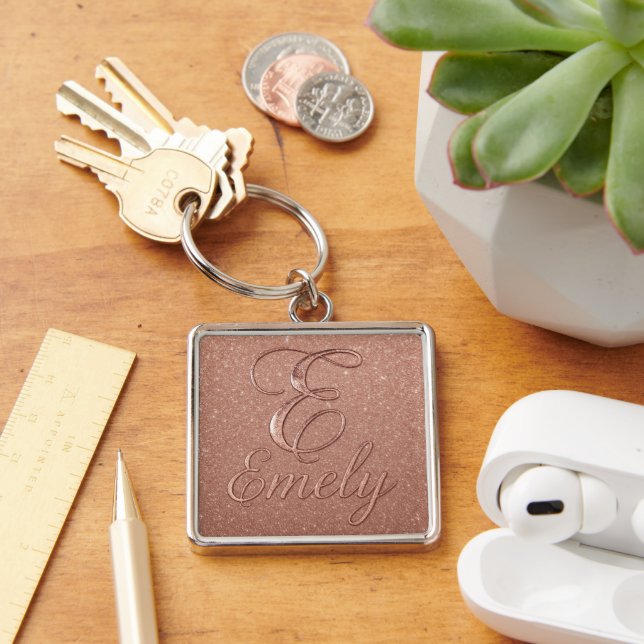 Personalised Rose Gold Glitter Name Design – Emely Key Ring (Desk)