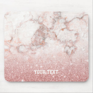 Personalised Rose Gold Glitter White Marble Mouse Pad