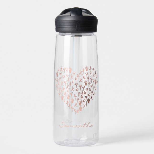Personalised Rose Gold Heart Poses Namaste Yoga  Water Bottle (Front)