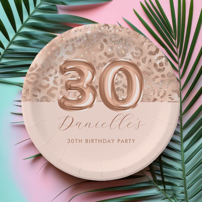 Personalised Rose Gold Leopard Print 30th Birthday Paper Plate (Creator Uploaded)