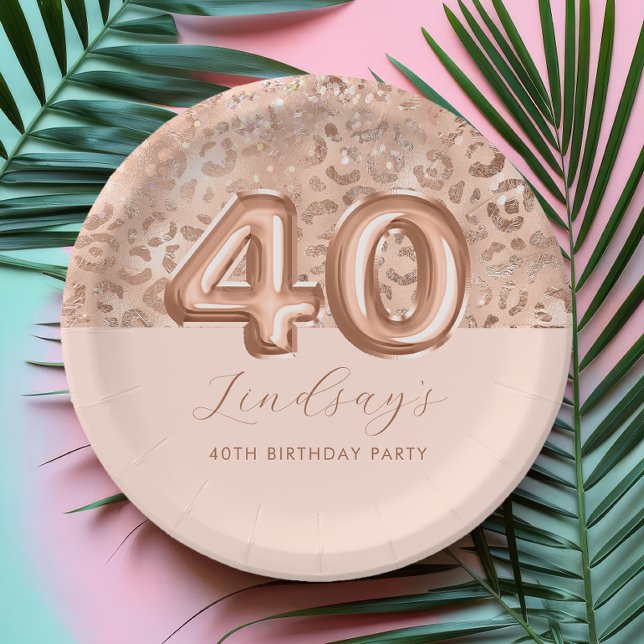 Personalised Rose Gold Leopard Print 40th Birthday Paper Plate (Creator Uploaded)