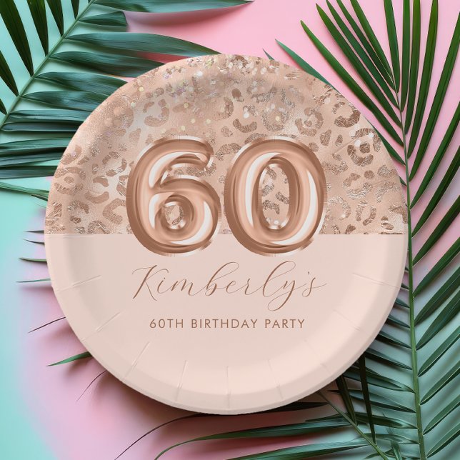 Personalised Rose Gold Leopard Print 60th Birthday Paper Plate (Creator Uploaded)