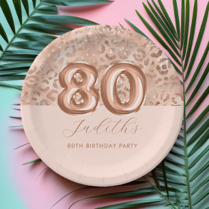 Personalised Rose Gold Leopard Print 80th Birthday Paper Plate