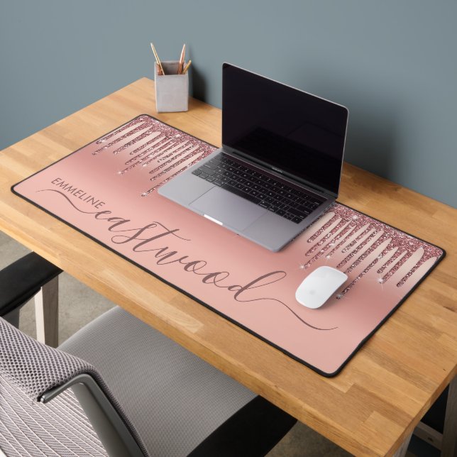 Personalised Rose Gold Ombre Glitter Drips Desk Mat (Office 2)