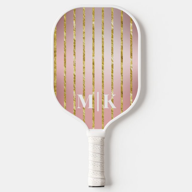  Personalised Rose Gold Stripes Monogrammed Pickleball Paddle (Front)