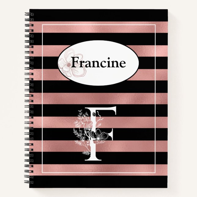 Personalised Rose Gold Stripes with Initial F Notebook (Front)
