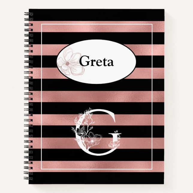 Personalised Rose Gold Stripes with Initial G Notebook (Front)