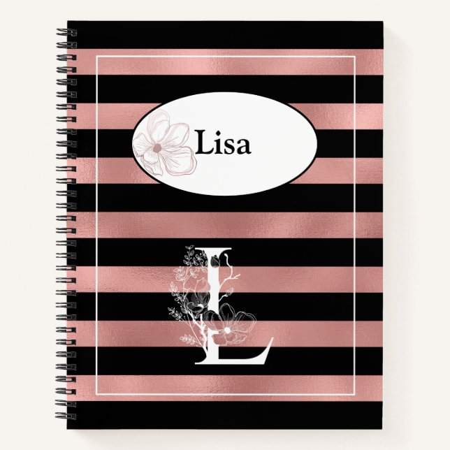 Personalised Rose Gold Stripes with Initial L Notebook (Front)
